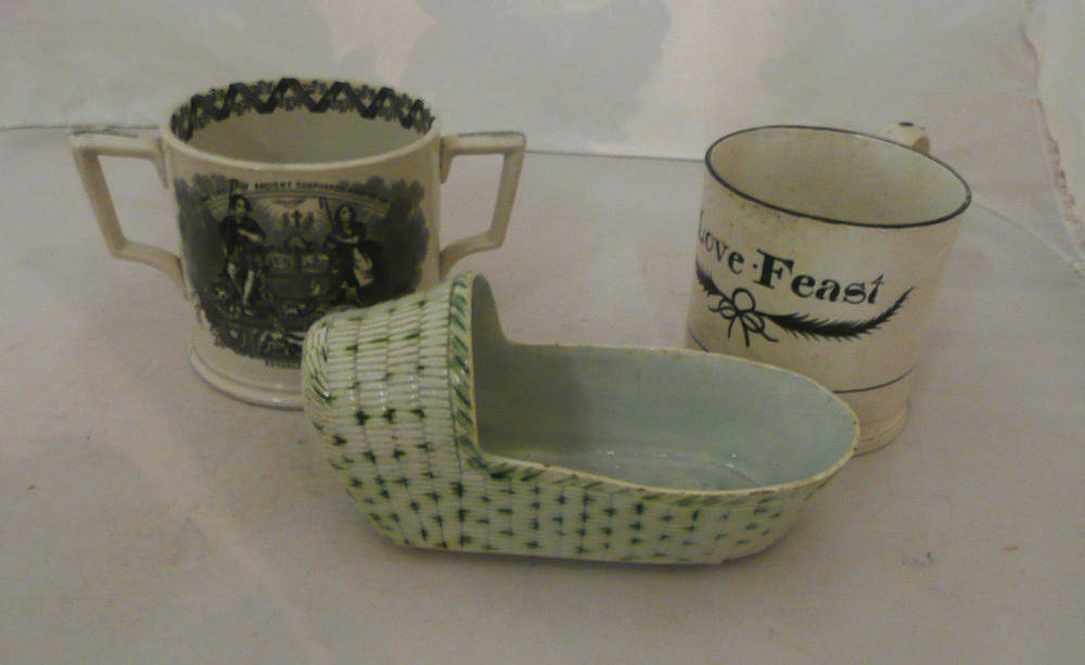 Lot 17 - Large mug inscribed 'Love Feast', pottery loving cup 'Loyal Order of Ancient Shepherds' and a...