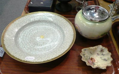 Lot 22 - A Worcester blush ivory shell butter dish, Clarice Cliff biscuit barrel and a 20th century Japanese