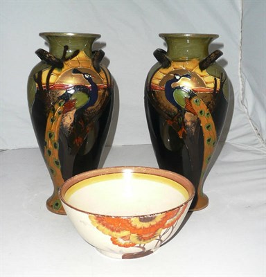 Lot 23 - Clarice Cliff bowl and two Art Nouveau vases