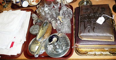 Lot 25 - Two photograph albums, cut glass scent bottles, silver-backed dressing table items, linen etc