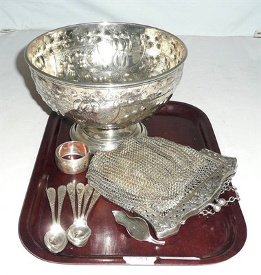 Lot 30 - A silver footed bowl, six silver teaspoons, a brooch, a napkin ring and a mesh purse stamped...