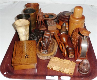 Lot 39 - A tray of treen, including watch holder, medicine holder, four horn beakers etc