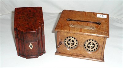 Lot 41 - A Victorian oak and brass letter box and a tea caddy in the form of a knife box