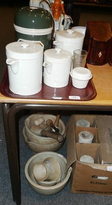 Lot 44 - Three large mortars, two smaller, four pestles, three drug ceramic infusers, ceramic drug jars etc