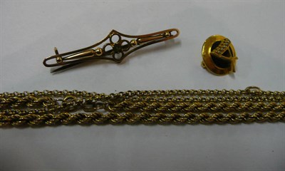 Lot 74 - Two 9ct gold necklaces, a bar brooch (cased) and a small pin brooch