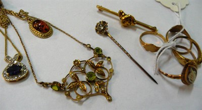 Lot 82 - A cameo ring, three signet rings, a cased stick pin, a brooch and three necklaces