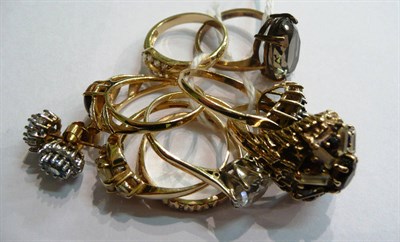 Lot 97 - Six 9ct gold dress rings, two others and a pair of cluster earrings