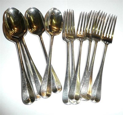 Lot 114 - Five silver spoons and six forks, 18oz approx