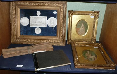 Lot 131 - Five Grand Tour plaster medallions in one frame, two portrait prints, palm leaf scripture and...