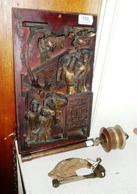 Lot 133 - A painted pine stick barometer, two Chinese carved wood panels, two Chinese Scrolls, a Tibetan...