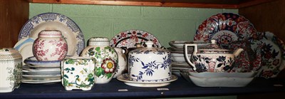 Lot 140 - A shelf of Victorian and later ceramics including Masons Ironstone etc