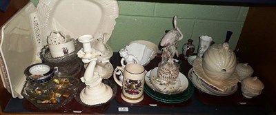 Lot 143 - A shelf including Leeds creamware ceramics, glassware, etc