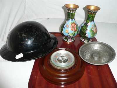 Lot 146 - Pair of cloisonne vases, Islamic dish, barometer and a helmet