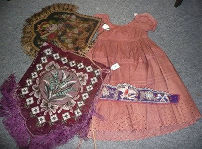 Lot 148 - A bead work polescreen banner and a tapestry polescreen banner, an American beadwork panel and...