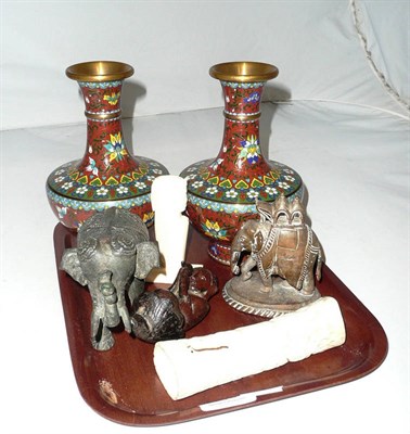 Lot 149 - A pair of cloisonne vases, two metal elephants, a metal figure etc