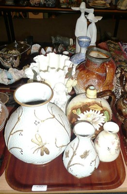 Lot 150 - Saltglaze stoneware jug, two Capo di Monte vases, Lladro group, Moore Brothers centrepiece, etc, on