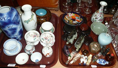 Lot 156 - Quantity of Oriental ceramics including soapstone carvings, tea bowls, vases, etc on two trays