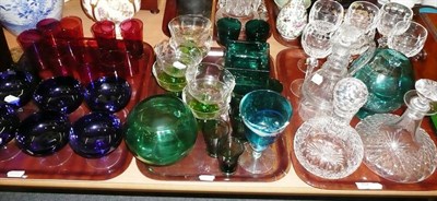 Lot 157 - Three trays of glassware including coloured glass, six Waterford wine glasses and three decanters