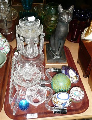 Lot 158 - A tray including a glass lustre, Royal Crown Derby duck, two paperweights, bronzed figure of a cat