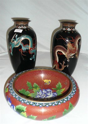 Lot 170 - Pair of cloisonne vases and a cloisonne bowl (one vase restored)