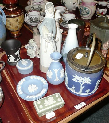 Lot 174 - A tray including three Lladro figures, Royal Copenhagen vase, Wedgwood jasperware and a biscuit...