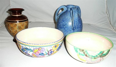 Lot 175 - Tray including a Ruskin triple-handled vase, Doulton Lambeth vase, Clarice Cliff bowl and a...