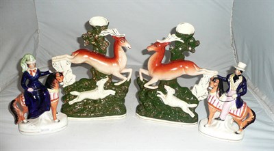 Lot 181 - A pair of Staffordshire deer and a pair of Staffordshire figures on horseback