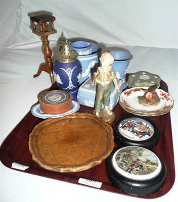 Lot 185 - A tray including a Royal Worcester figure 'The Parakeet' (a.f.), Wedgwood jasperware, two pot...