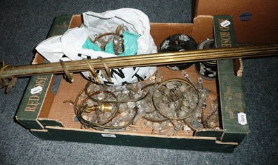 Lot 194 - Box including light fittings and a curtain pole and two pottery items