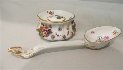 Lot 224 - Large Meissen porcelain spoon and an encrusted inkwell with lid