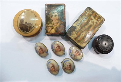 Lot 235 - Four treen boxes and a set of five painted porcelain cufflinks (qty)