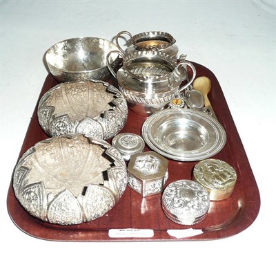 Lot 255 - A tray of Eastern white metal dishes etc, also two silver coasters and a quantity of plated...