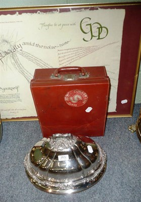 Lot 263 - Plated meat cover, early Polaroid camera in fitted case and a hand drawn copy of the Deiderata,...