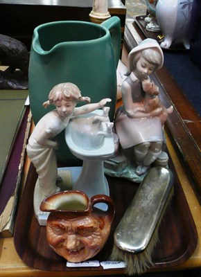 Lot 274 - A tray including a Keith Murray jug, two Lladro figures, small Royal Doulton character jug and...