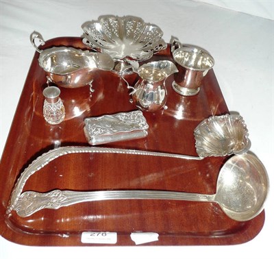 Lot 278 - Quantity of silver comprising bonbon dish, a mug, creamer, sauce boat, trinket box, a silver-topped