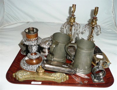 Lot 295 - Tray including brass lustre candlesticks, plated flasks, butter dish and candlestick, pewter...