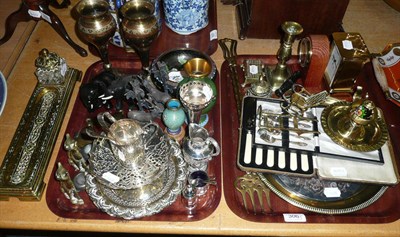 Lot 306 - Two trays of plated and metalware including brass inkstand, cloisonne items etc