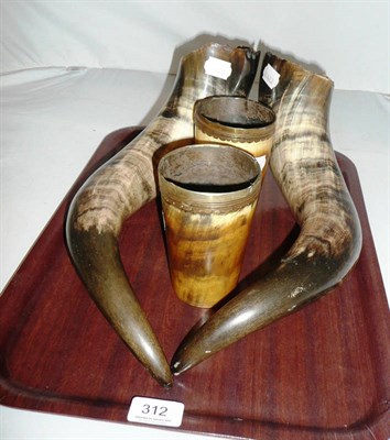 Lot 312 - A pair of buffalo horns and a pair of horn beakers with Sheffield plate marks