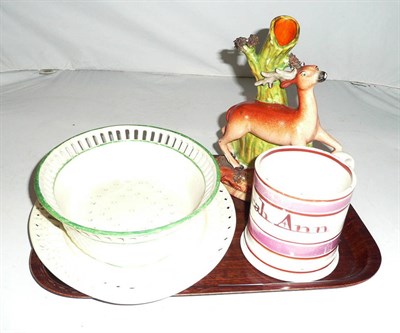 Lot 315 - Staffordshire figure of a deer, Sarah Anne mug and a Wedgwood creamware basket and stand