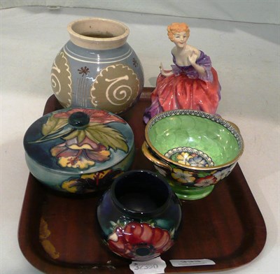 Lot 333 - Moorcroft box and cover, Moorcroft vase, Maling twin-handled bowl, Doulton figurine 'HM1265' and an