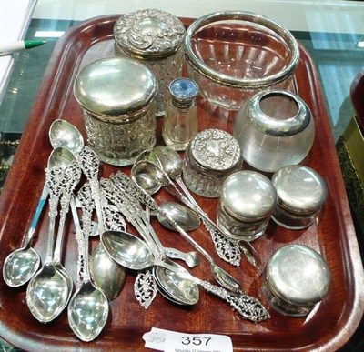 Lot 357 - A tray including a quantity of silver topped jars etc, also twelve silver teaspoons and the...