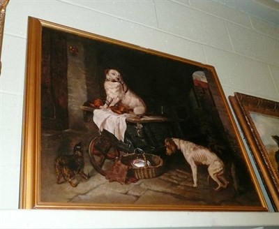 Lot 361 - Oil painting of dogs in an interior, possibly after Sir Edwin Landseer