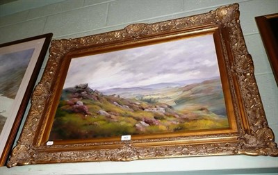 Lot 362 - Modern oil - Moorland and extensive landscape by David Howell, 1991