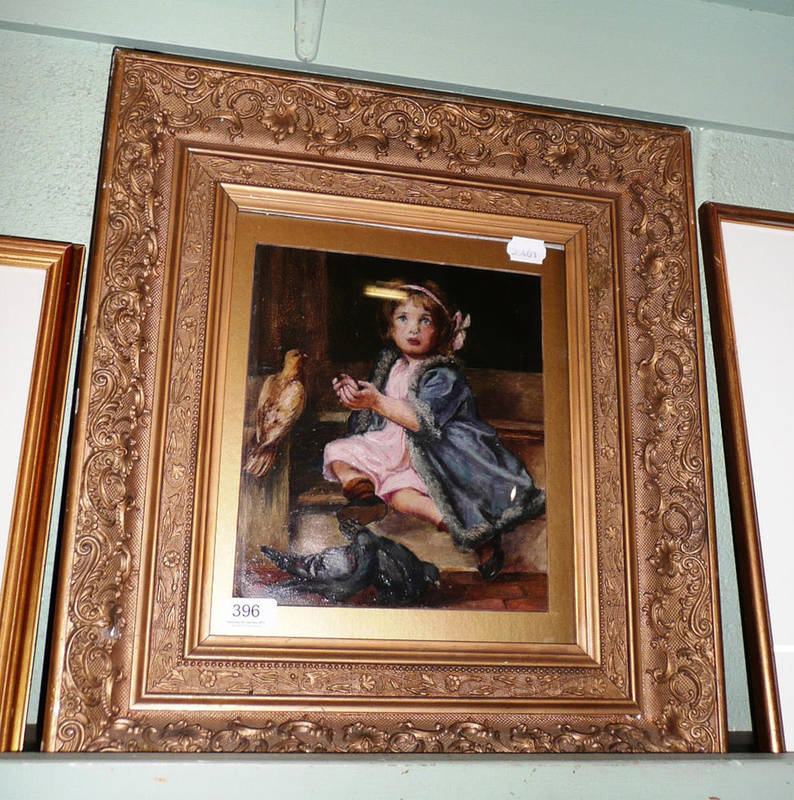Lot 396 - Oil painting of a girl and pigeons