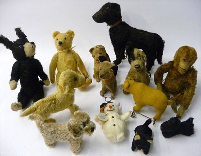Lot 1021 - Assorted Soft Toys And Teddy Bears including a Steiff brown jointed monkey, 33cms (af); black...