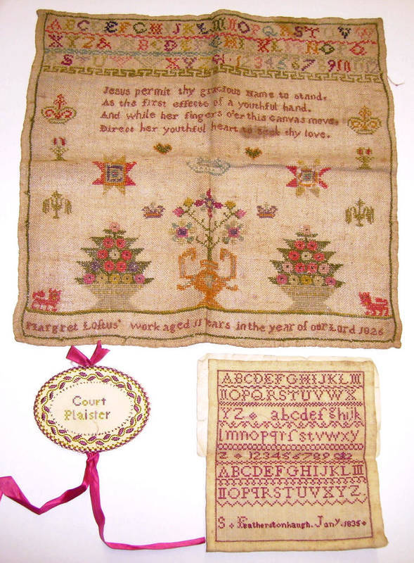 Lot 1181 - Unframed Alphabet Sampler By Margaret Loftus aged 11, dated 1826 with baskets of flowers and lions