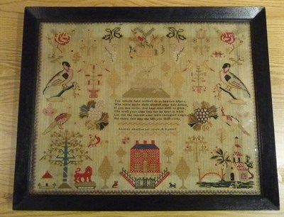 Lot 1194 - Large Framed Victorian Wool Sampler Worked By Hannah Dawson Aged 8, with central verse, red...