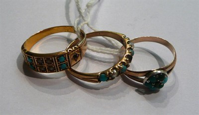 Lot 6 - A 15ct gold turquoise and seed pearl ring, a turquoise cluster ring and a turquoise and seed...