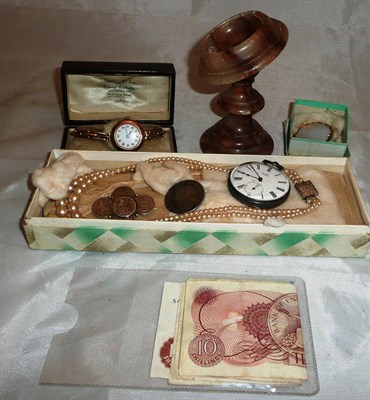 Lot 23 - Armand Geneva pocket watch on alabaster watch stand, cased ladies wristwatch, oval brooch,...