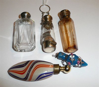 Lot 40 - Cut glass scent bottle with brass hinged mount, double ended scent bottle, cut glass bottle...